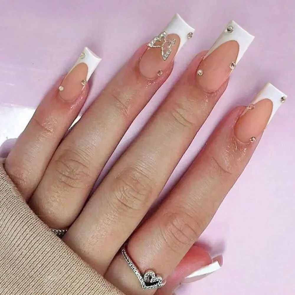 Y2K 24 Piece White French Tip Butterfly Rhinestone Square Press On Nails
